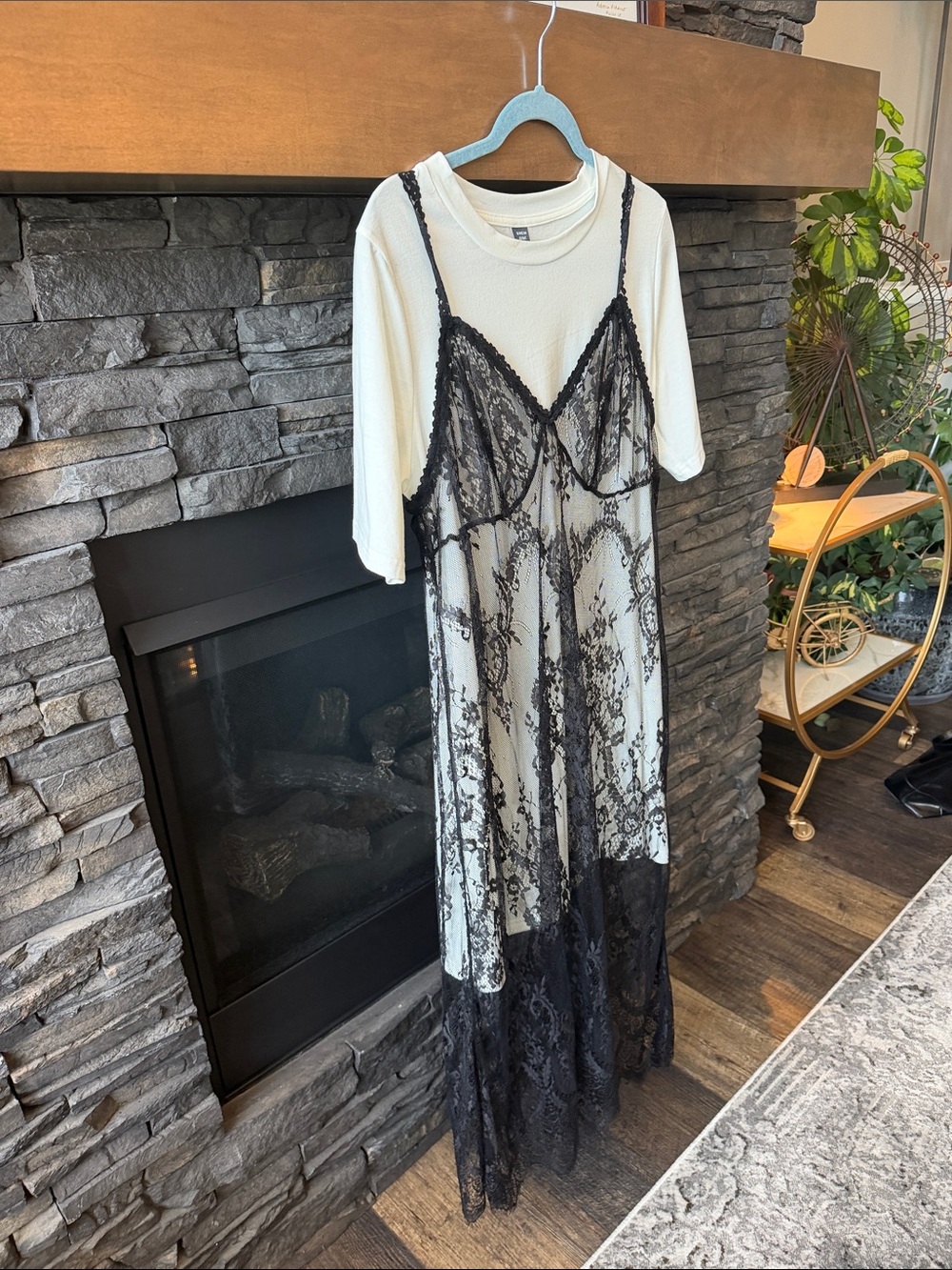Black Lace Slip Dress Layered Over Cream Tee — Women Intimates & Sleepwear - Picture 2 of 4